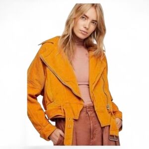 FREE PEOPLE Orange Boho Slouchy Corduroy Moto  Belted Jacket - Large